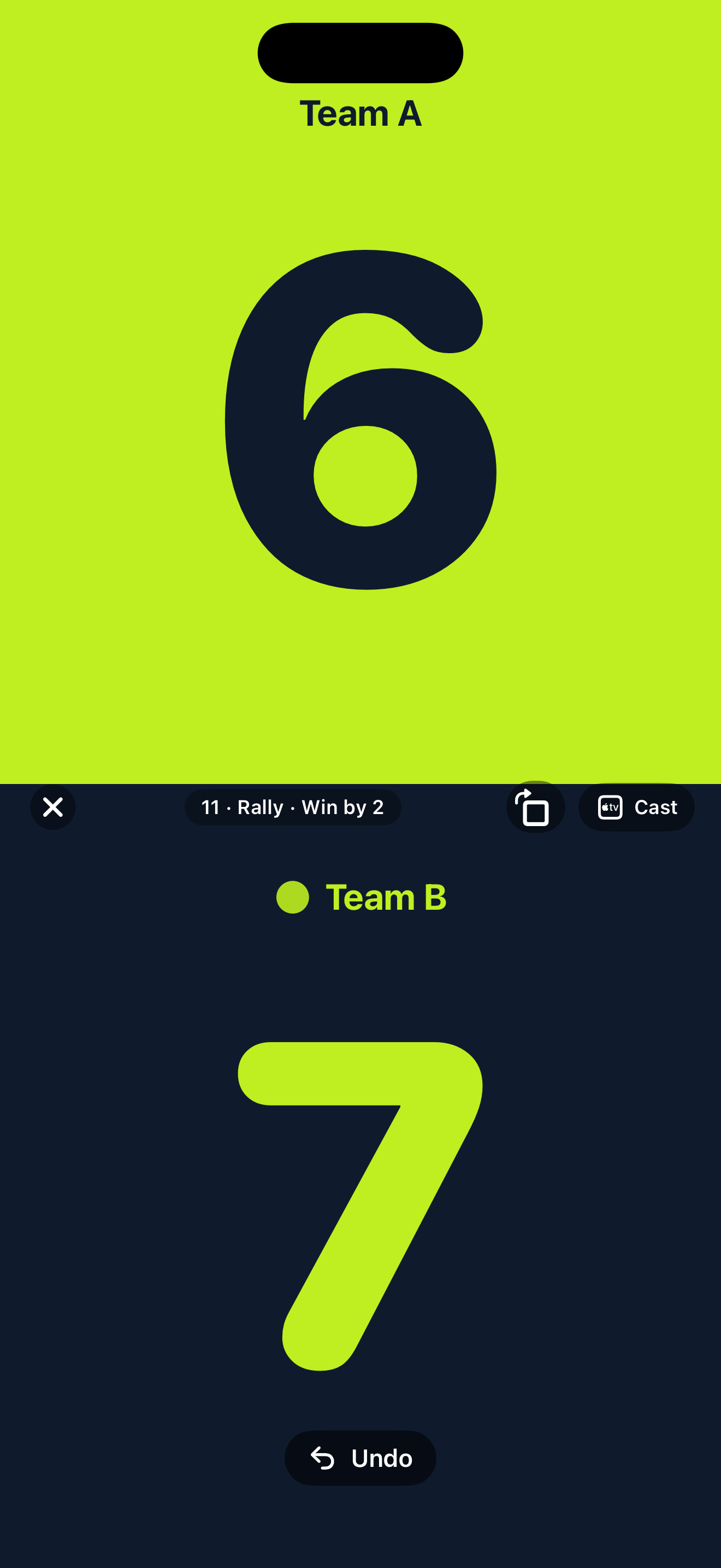 PickleboardPro scoreboard with Team A on top and Team B on bottom, Volt Green court theme