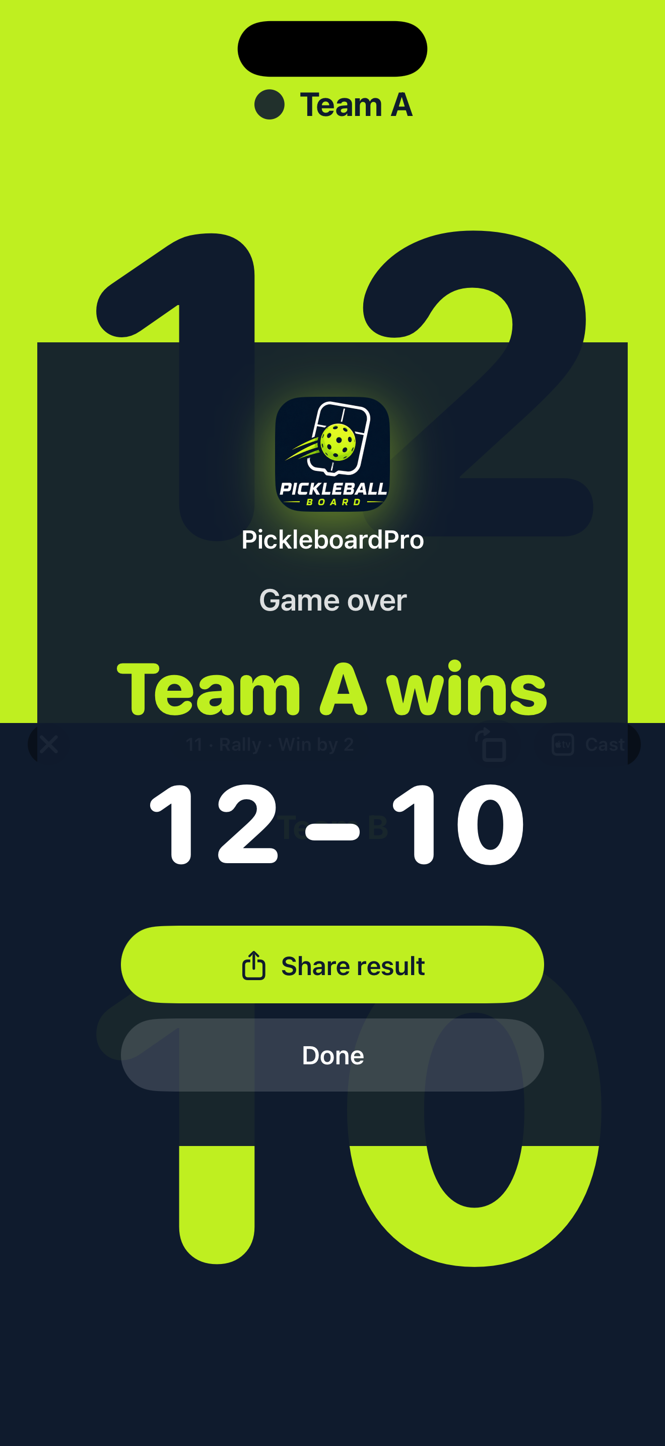 Game over overlay showing Team A wins 12 to 10 with a share button