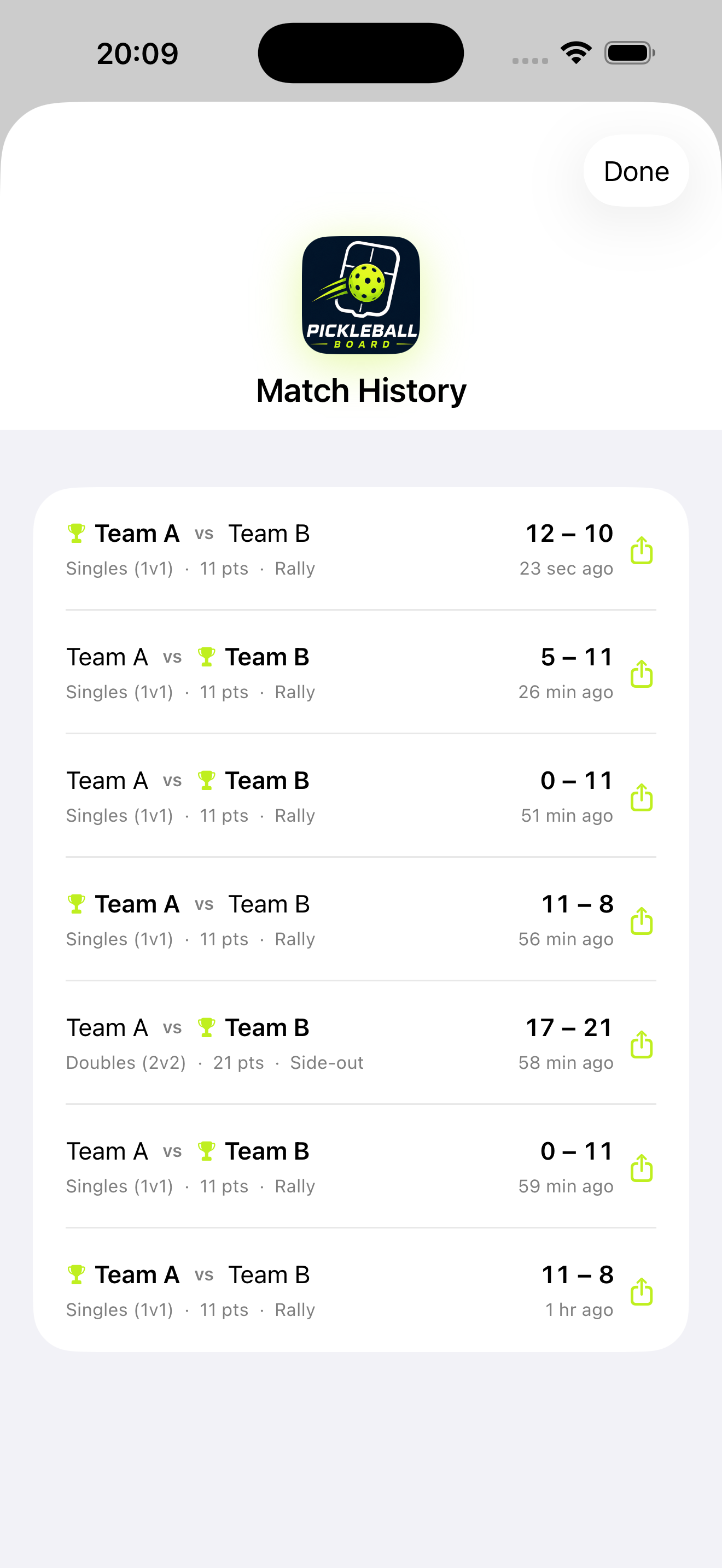 Match history list with multiple completed matches, scores and timestamps
