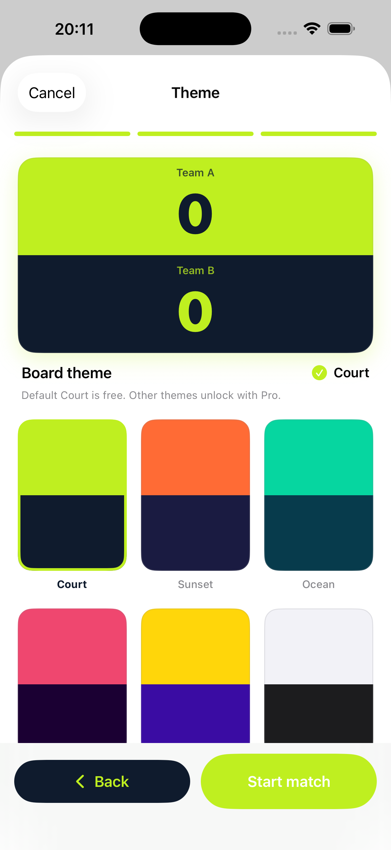 Theme picker showing Court, Sunset, Ocean and other board themes