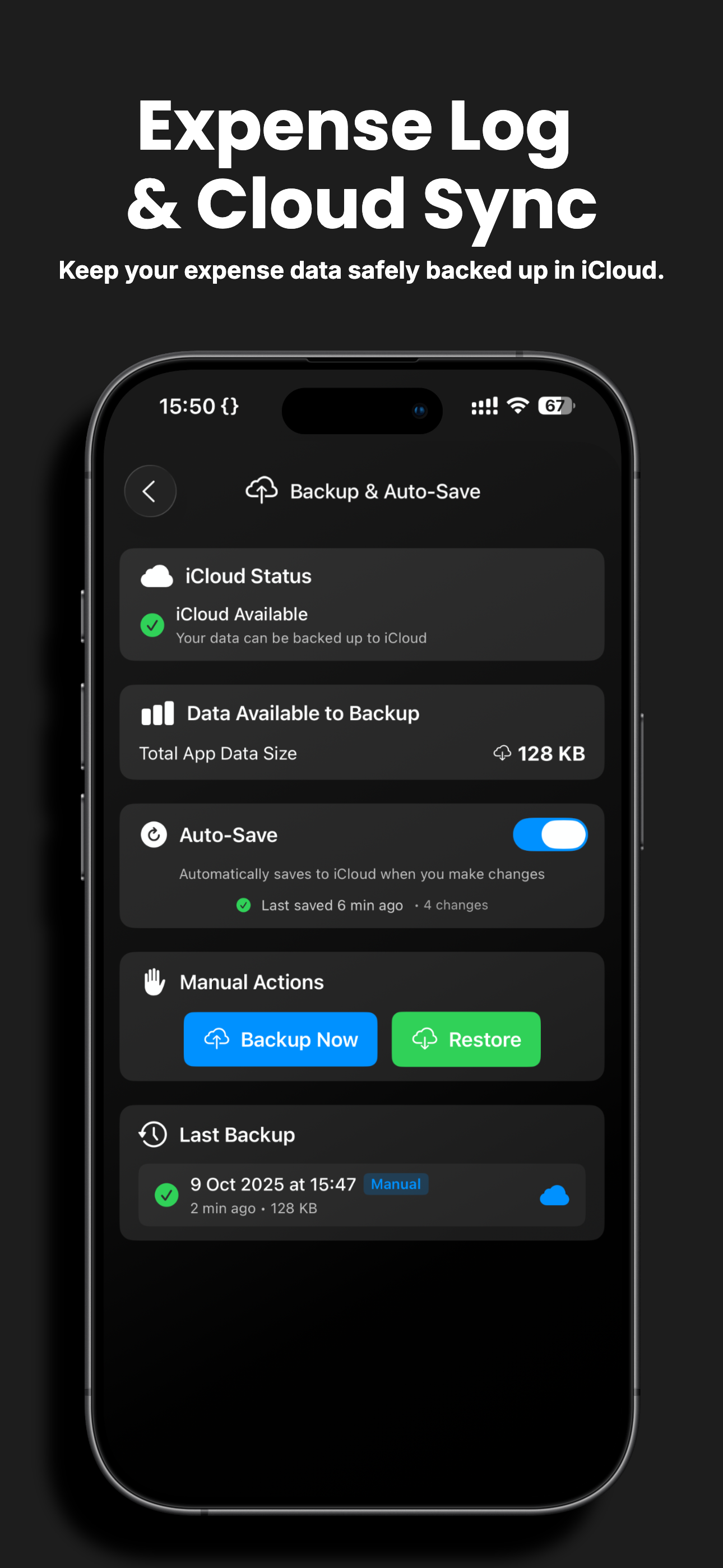 Expense Log & Cloud Sync - Keep your financial data securely backed up with iCloud sync