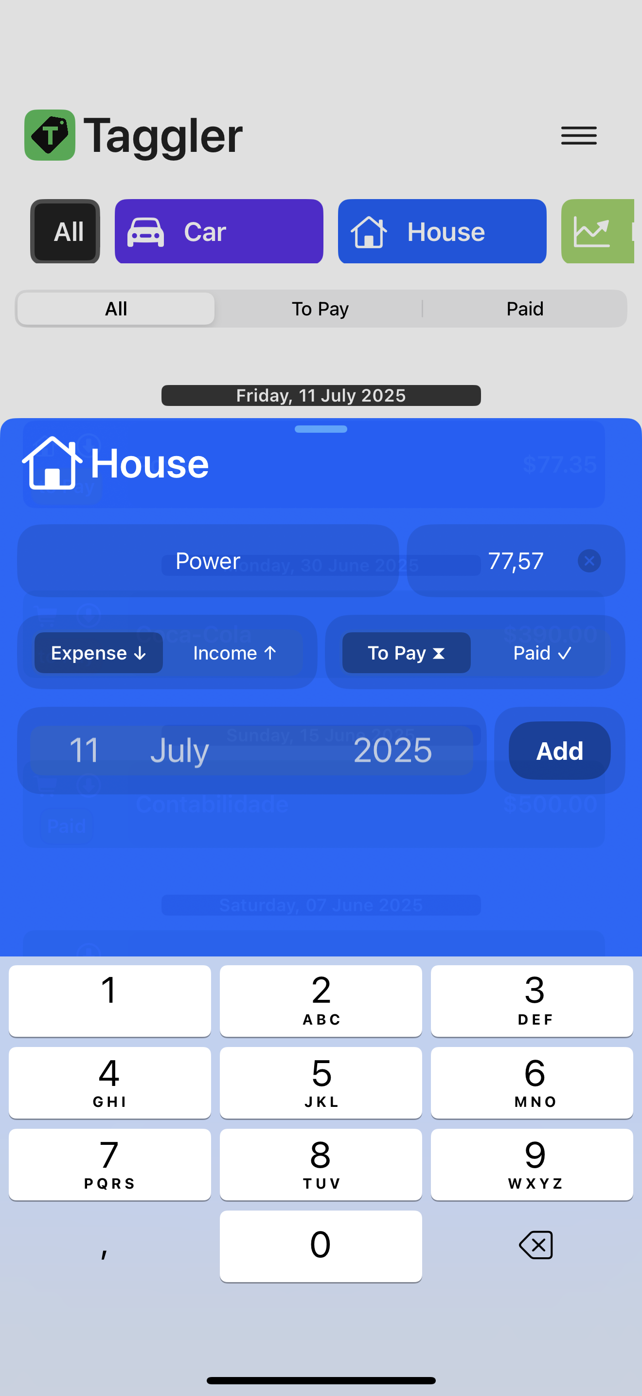 Taggler Transaction Entry - Fast expense and income tracking with numeric keypad