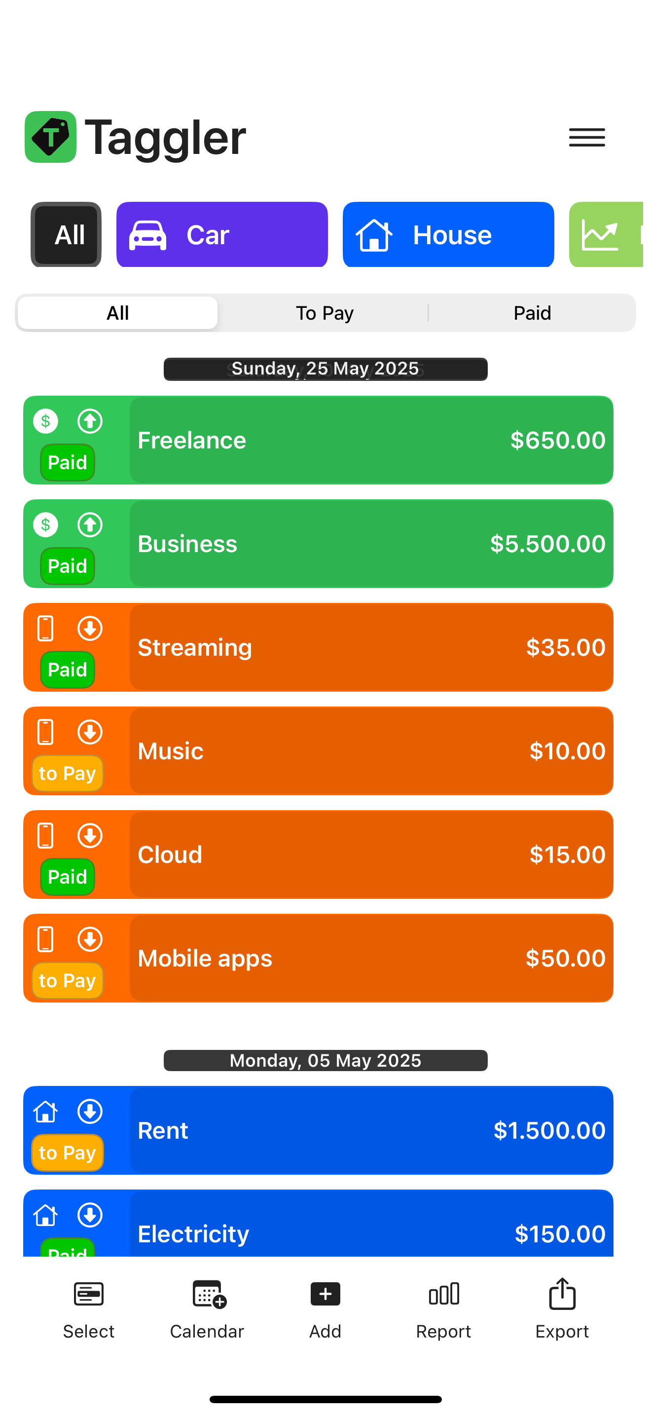 Taggler Transaction List - View and manage all your financial transactions